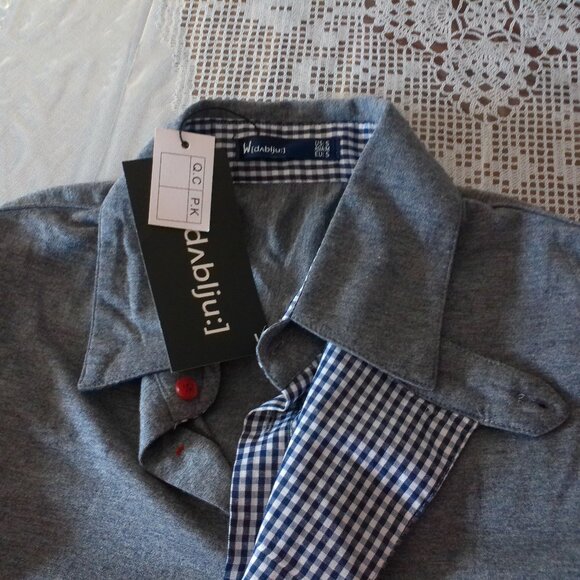W[d^blju:], men's gray button-up long sleeve shirt with blue/white plaid design - Picture 7 of 7